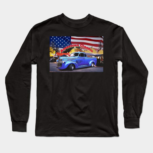 Classic Old American Truck in Blue with American Flag Long Sleeve T-Shirt by Custom Autos